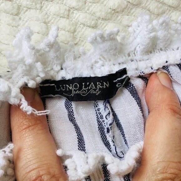 Lungo La’rno Striped Linen Dress W/ Bell Sleeves & Lace Detail Size S 100% Linen - Picture 9 of 10